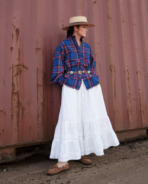 〈予約〉INDIGO Tartan Frill Tuck Blouse / Red・Blue