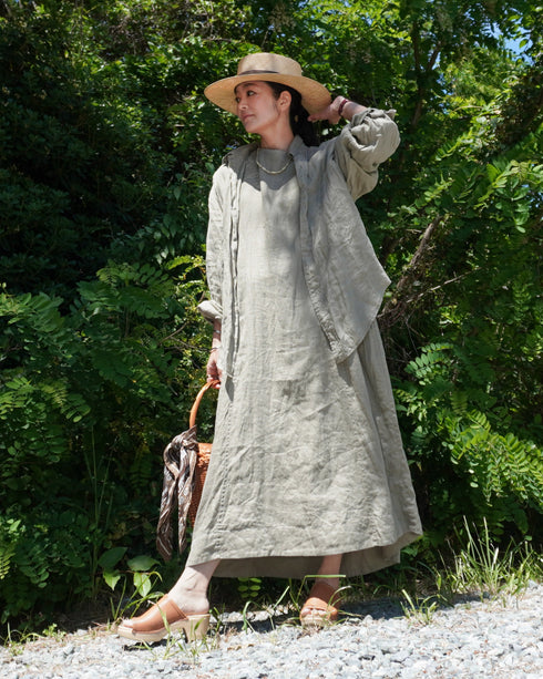 Linen Gather Dress / Khakibeige・Frenchblue