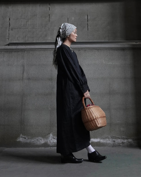 Linen Gather Dress / White・Black