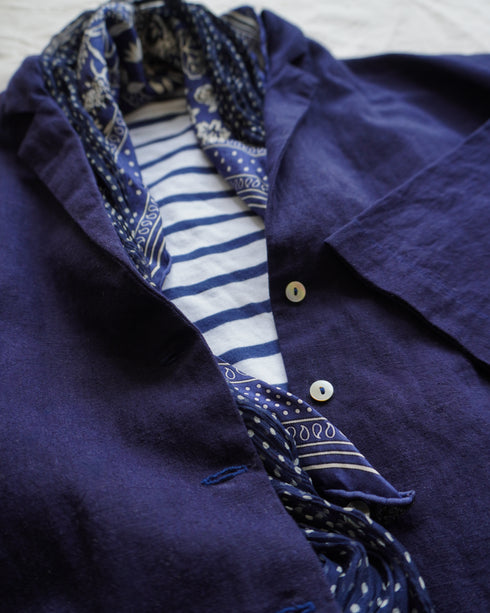 Linen Cotton Open Collar Shirt / Beige・Navy