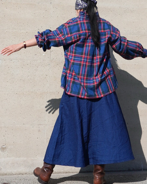 〈予約〉INDIGO Tartan Frill Tuck Blouse / Red・Blue