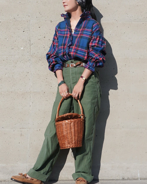 〈予約〉INDIGO Tartan Frill Tuck Blouse / Red・Blue