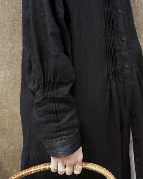 Linen Tuck Shirt Dress / White・Black