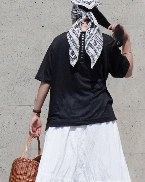 Linen 2way Henley Tee / Khaki・Black