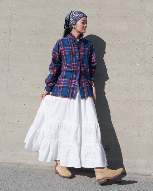 〈予約〉INDIGO Tartan Frill Tuck Blouse / Red・Blue