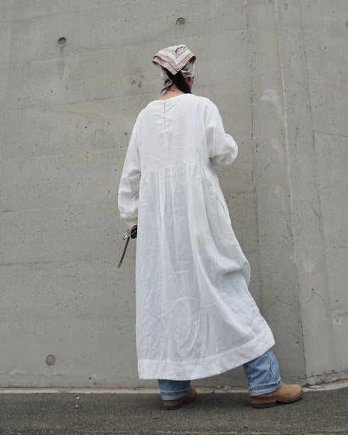 Linen Gather Dress / White・Black