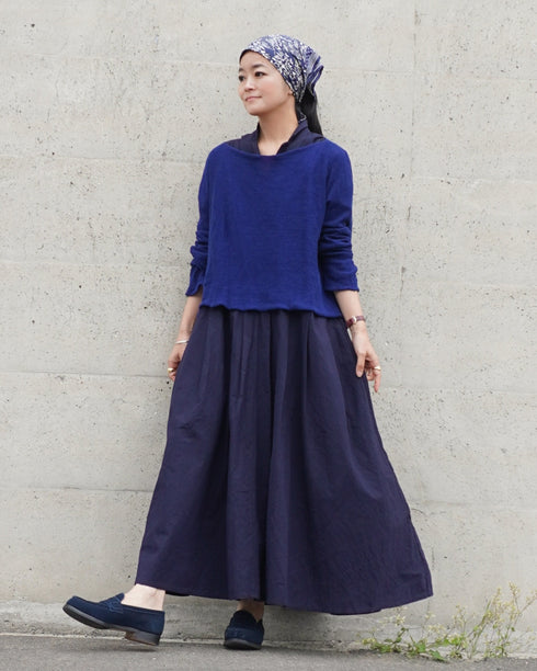 Linen Cotton Open Collar Dress / Beige・Navy