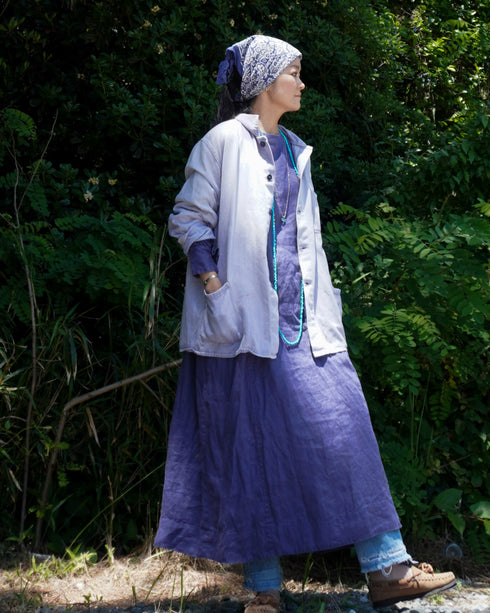 Linen Gather Dress / Khakibeige・Frenchblue
