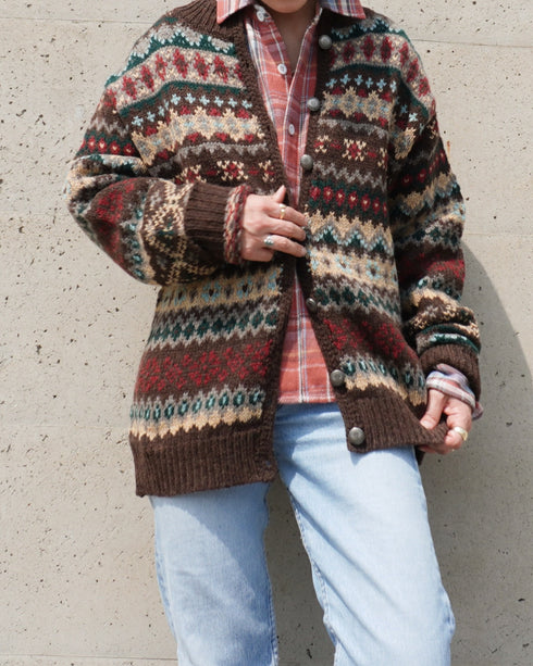 Jacquard Shetland Wool Knit Cardigan / Brown
