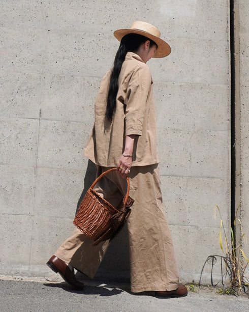 Linen Cotton Open Collar Shirt / Beige・Navy
