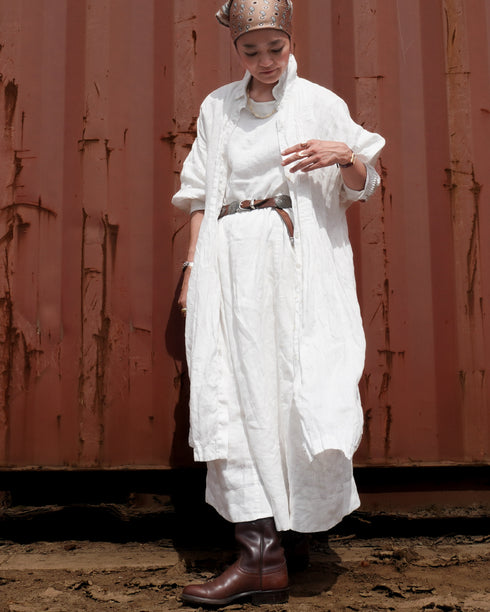 Linen Gather Dress / White・Black