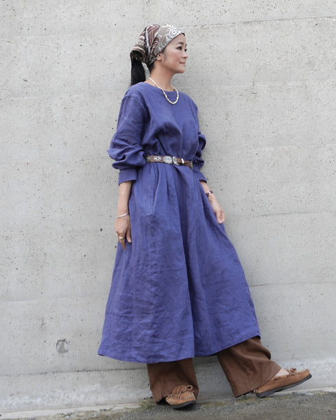 Linen Gather Dress / Khakibeige・Frenchblue