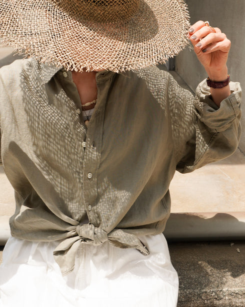 Linen Relaxed Unisex Shirt / Khakibeige・Frenchblue