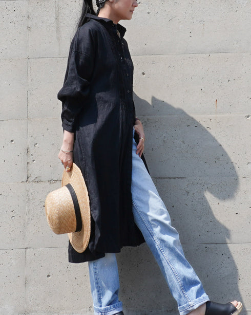 Linen Tuck Shirt Dress / White・Black