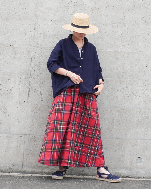 Linen Cotton Open Collar Shirt / Beige・Navy