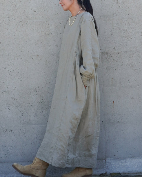 Linen Gather Dress / Khakibeige・Frenchblue
