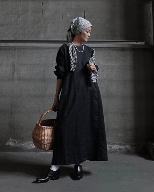 Linen Gather Dress / White・Black