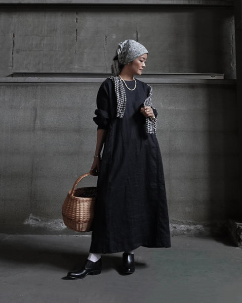 Linen Gather Dress / White・Black
