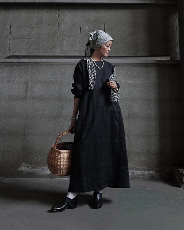 Linen Gather Dress / White・Black