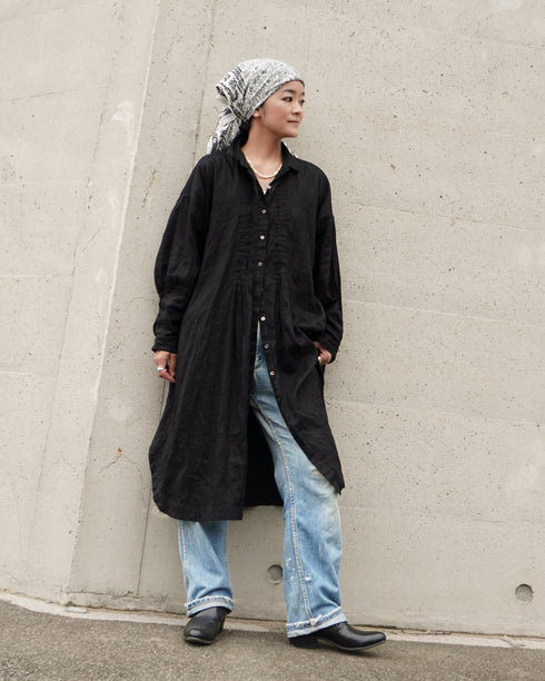 Linen Tuck Shirt Dress / White・Black