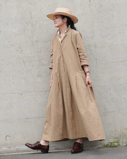 Linen Cotton Open Collar Dress / Beige・Navy