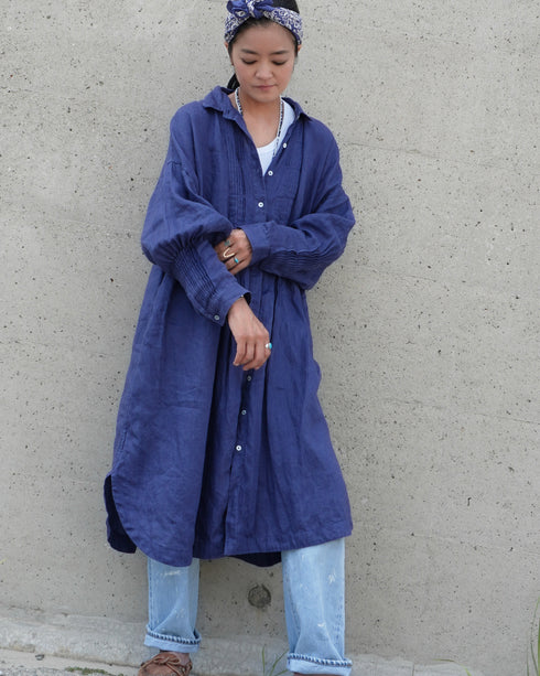 Linen Tuck Shirt Dress / Khakibeige・Frenchblue