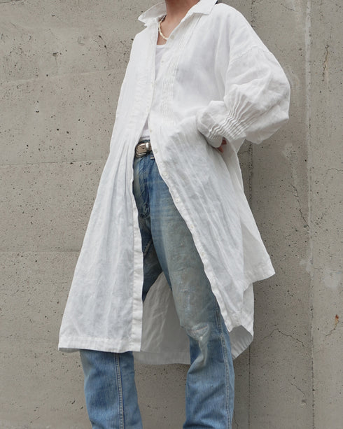 Linen Tuck Shirt Dress / White・Black