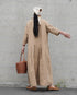 Linen Cotton Open Collar Dress / Beige・Navy