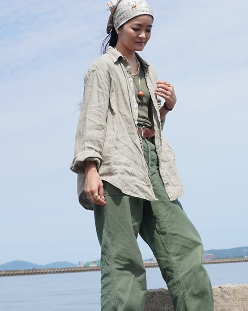 Linen Relaxed Unisex Shirt / Khakibeige・Frenchblue