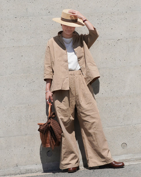 Linen Cotton Open Collar Shirt / Beige・Navy