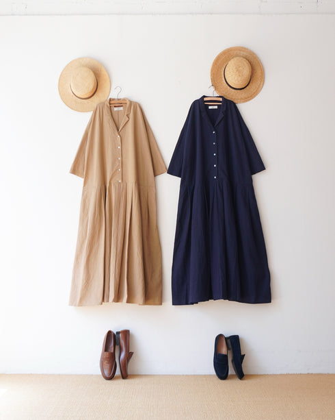 Linen Cotton Open Collar Dress / Beige・Navy