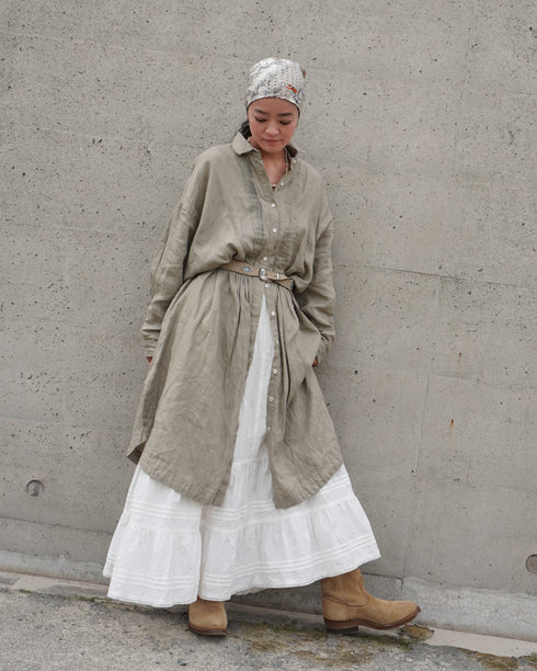 Linen Tuck Shirt Dress / Khakibeige・Frenchblue
