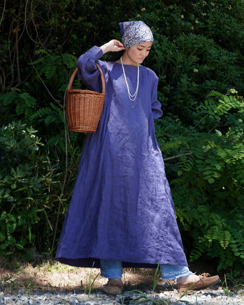 Linen Gather Dress / Khakibeige・Frenchblue
