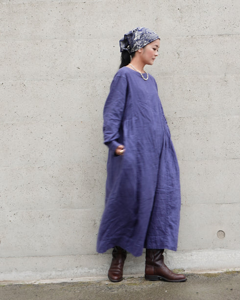 Linen Gather Dress / Khakibeige・Frenchblue