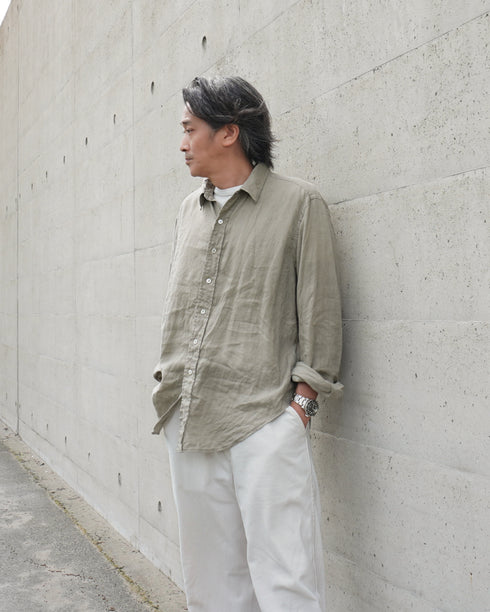 Linen Relaxed Unisex Shirt / Khakibeige・Frenchblue