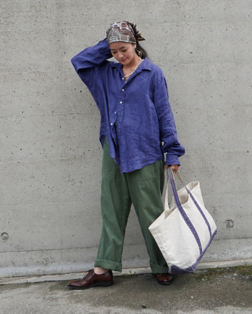 Linen Relaxed Unisex Shirt / Khakibeige・Frenchblue