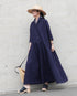 Linen Cotton Open Collar Dress / Beige・Navy