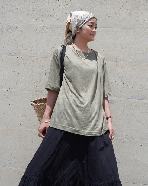 Linen 2way Henley Tee / Khaki・Black