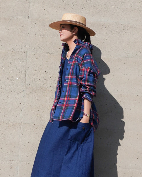 〈予約〉INDIGO Tartan Frill Tuck Blouse / Red・Blue