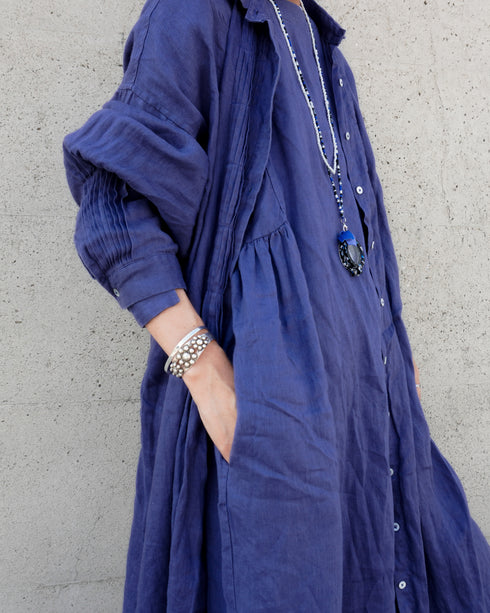 Linen Tuck Shirt Dress / Khakibeige・Frenchblue