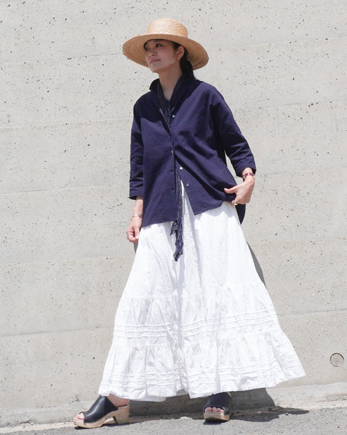 Linen Cotton Open Collar Shirt / Beige・Navy