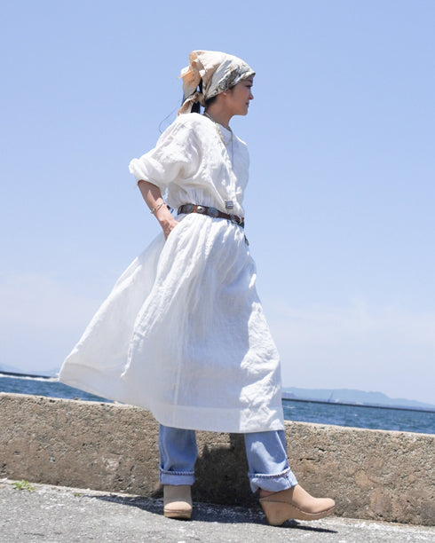 Linen Gather Dress / White・Black