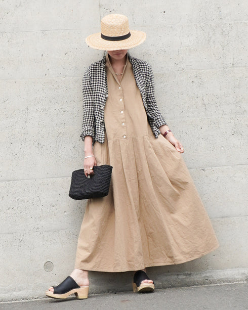 Linen Cotton Open Collar Dress / Beige・Navy