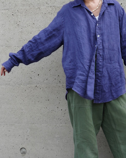 Linen Relaxed Unisex Shirt / Khakibeige・Frenchblue