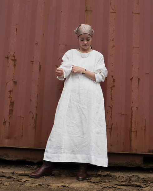 Linen Gather Dress / White・Black