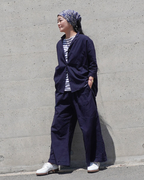 Linen Cotton Open Collar Shirt / Beige・Navy