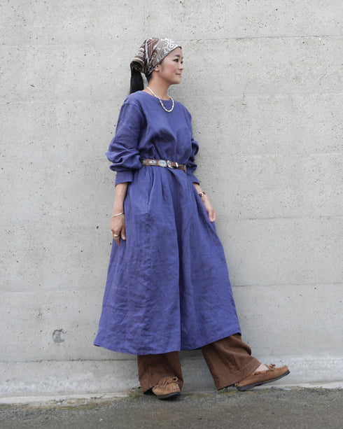 Linen Gather Dress / Khakibeige・Frenchblue