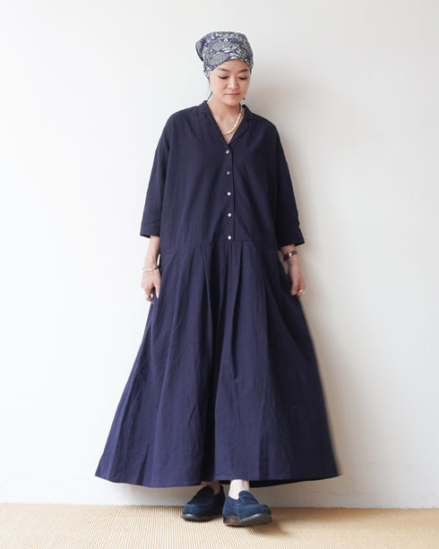Linen Cotton Open Collar Dress / Beige・Navy