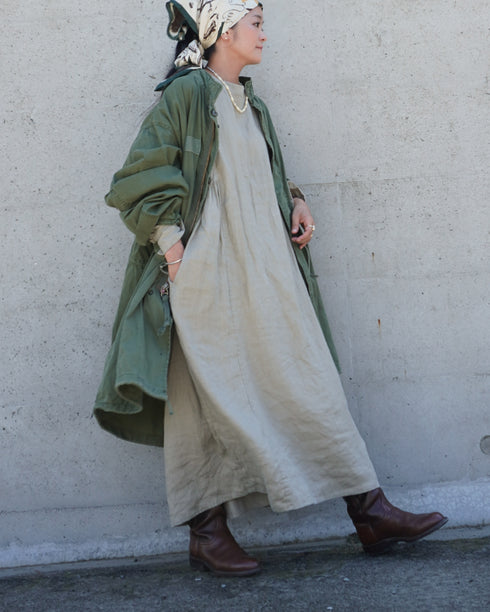 Linen Gather Dress / Khakibeige・Frenchblue