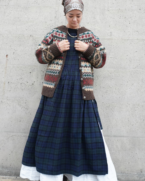 Jacquard Shetland Wool Knit Cardigan / Brown